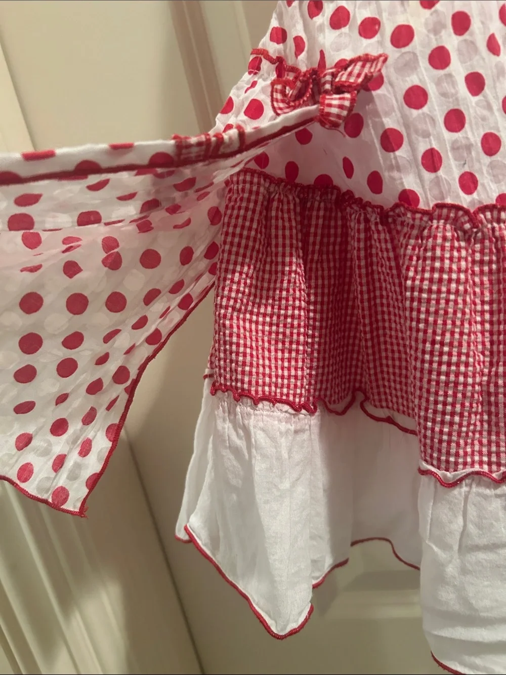 Kate Mack Patchwork Gingham Polka Dot Tiered Halter Sundress size 6 Red & White